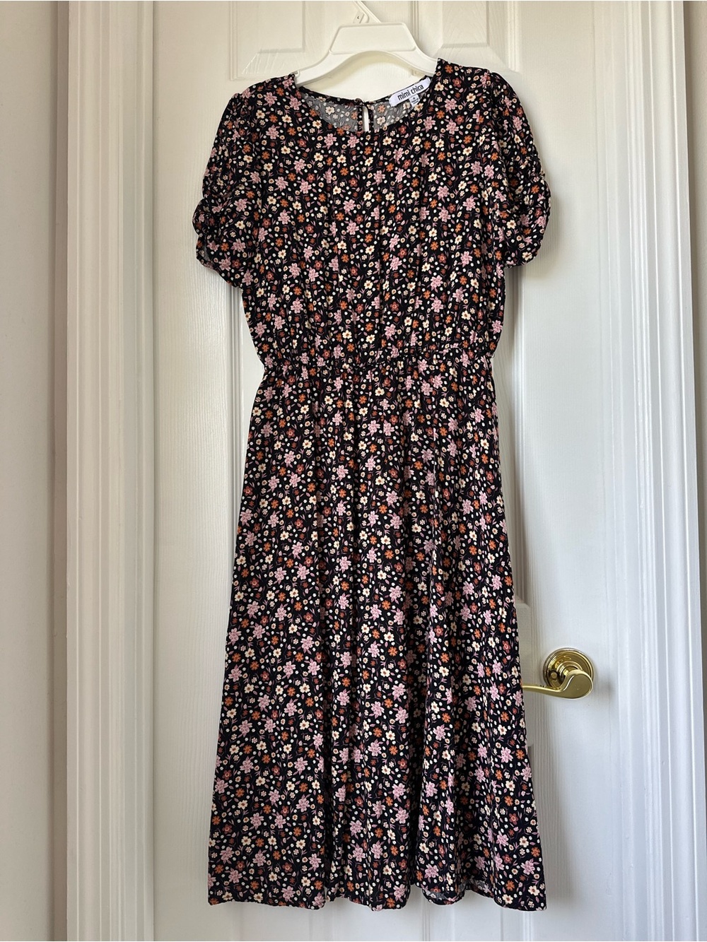 Mimi Chica Black Floral Midi Dress with Pink & Peach Blooms